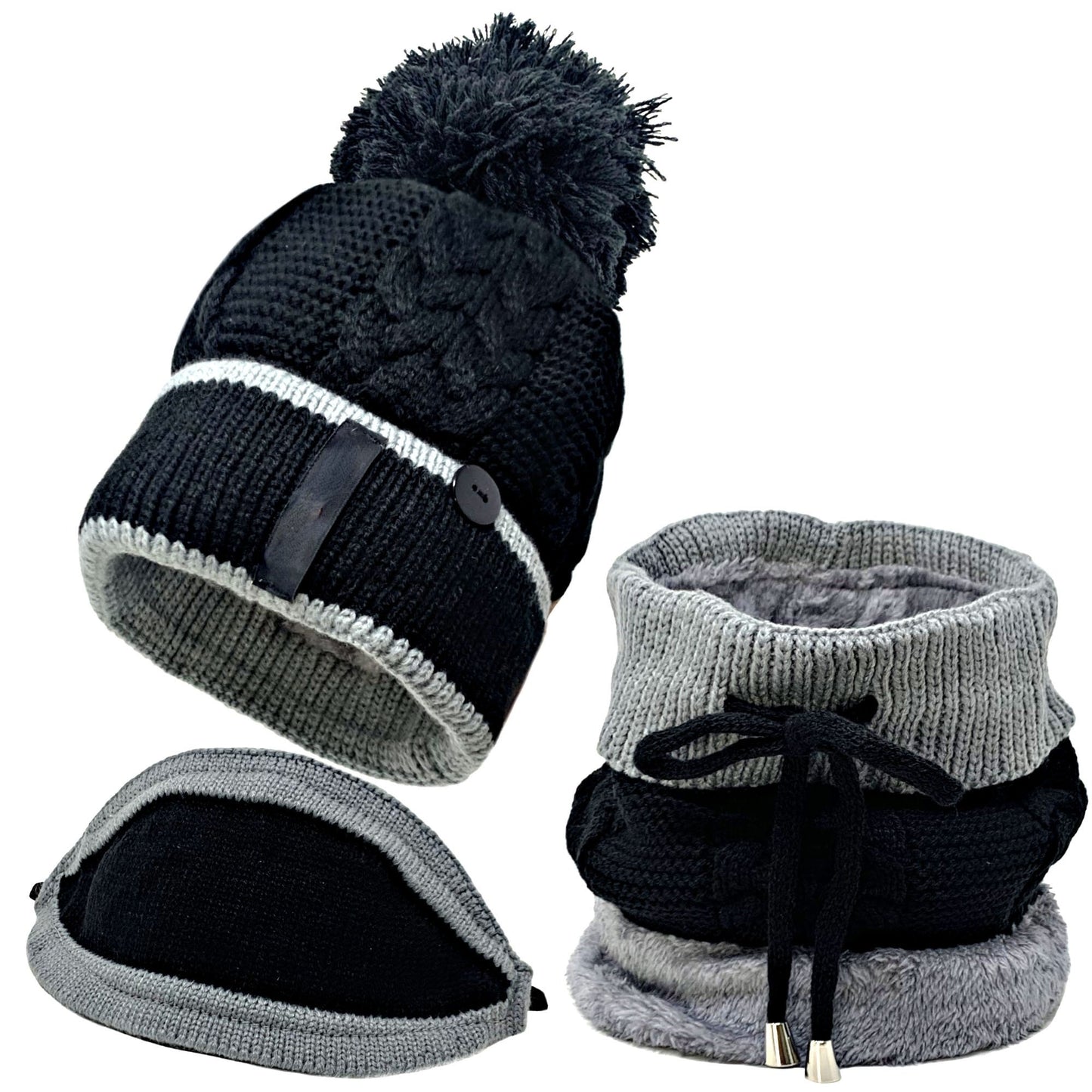 Pompom Beanie Hat Neck Warmer Set of 3 (Mask,Hat,Scarf)