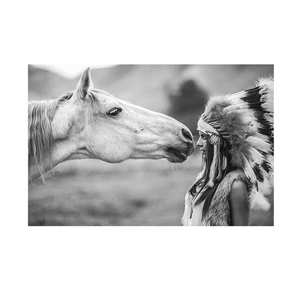 Black and White Native Indian with Horse Portrait Canvas Art Scandinavian Poster Print Wall Picture