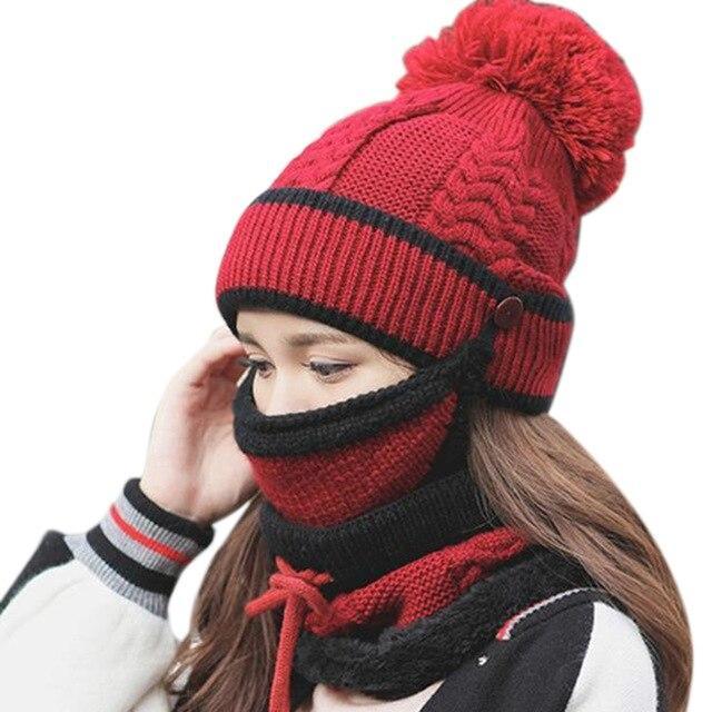 Pompom Beanie Hat Neck Warmer Set of 3 (Mask,Hat,Scarf)