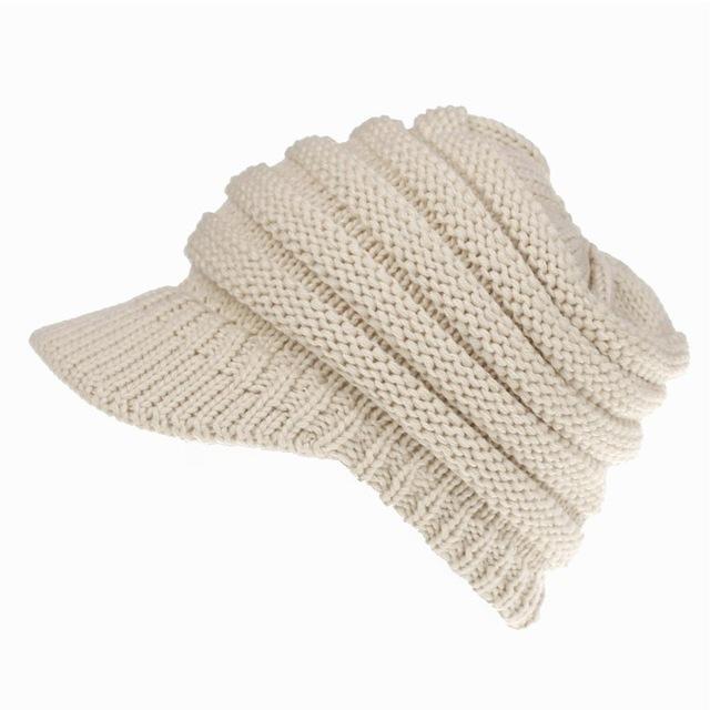 Ponytail Warm Knitted Beanie With Visor