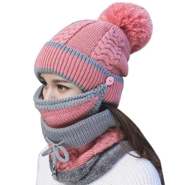 Pompom Beanie Hat Neck Warmer Set of 3 (Mask,Hat,Scarf)