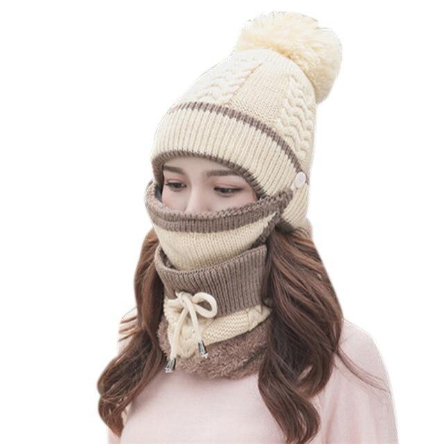 Pompom Beanie Hat Neck Warmer Set of 3 (Mask,Hat,Scarf)