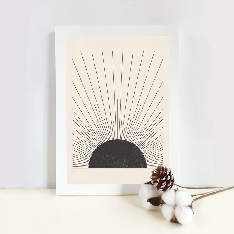 Sun Illustration Mid Century Modern Block Print Neutral Colors Style Poster Canvas Painting