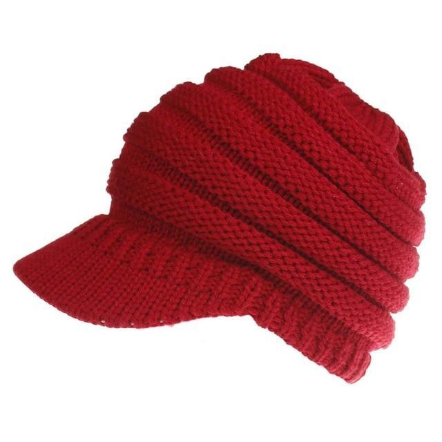 Ponytail Warm Knitted Beanie With Visor