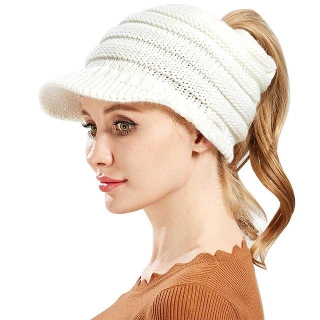 Ponytail Warm Knitted Beanie With Visor