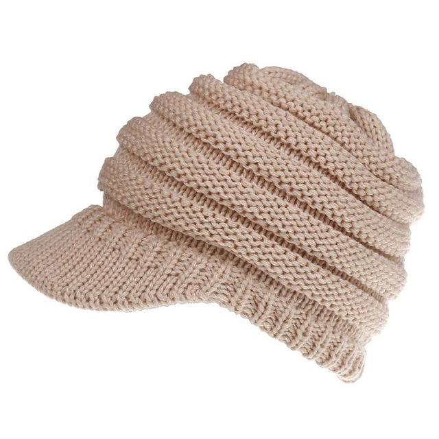 Ponytail Warm Knitted Beanie With Visor