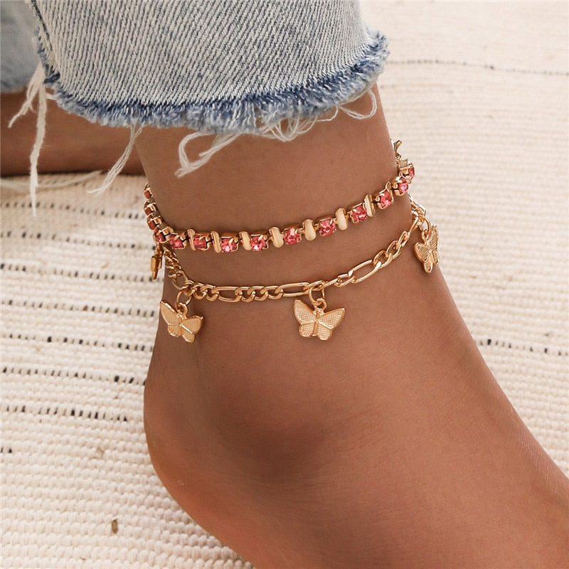 Bohemia Gold Color Chain Ankle Bracelet On Leg Foot Jewelry Boho Beads Key Butterfly Charm Anklet Set For Women Accessories