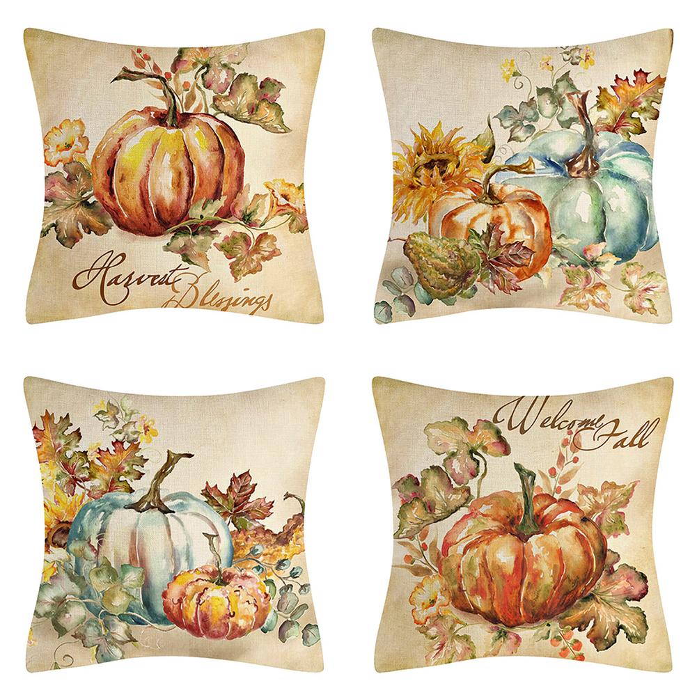 4Pcs 18x18cm Square Pillowcase Linen Decorative Pillow Cover Autumn Fall Golden Pumpkin Pattern Throw Pillow Case