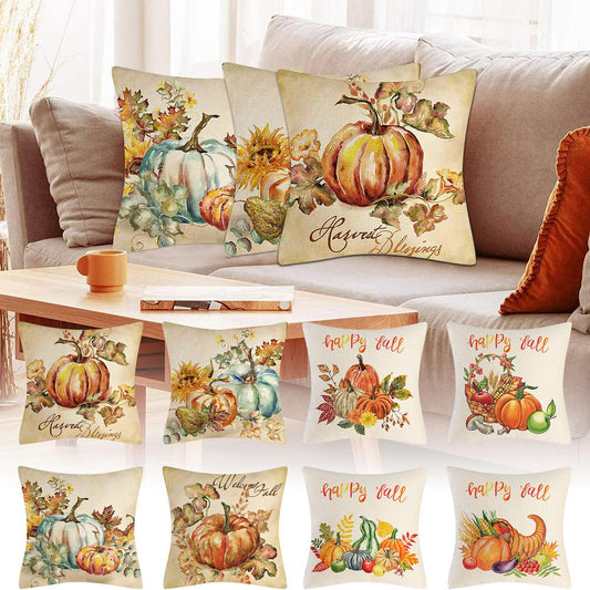 4Pcs 18x18cm Square Pillowcase Linen Decorative Pillow Cover Autumn Fall Golden Pumpkin Pattern Throw Pillow Case