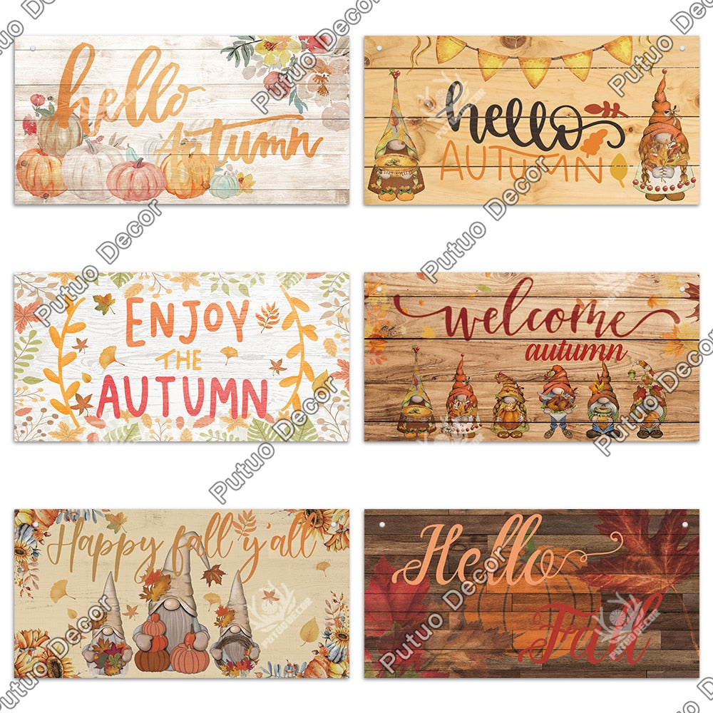 Putuo Decor Welcome Autumn Wood Sign Hello Fall Wooden Plaque Pastoral Garden Wooden Hanging Plate Backyard Wall Home Decoration