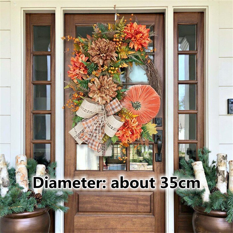 Halloween Decor Door Wreath Autumn Fall Pumpkin Garland Rustic Grapevine Front Door Decoration for Home Garden Farmhouse