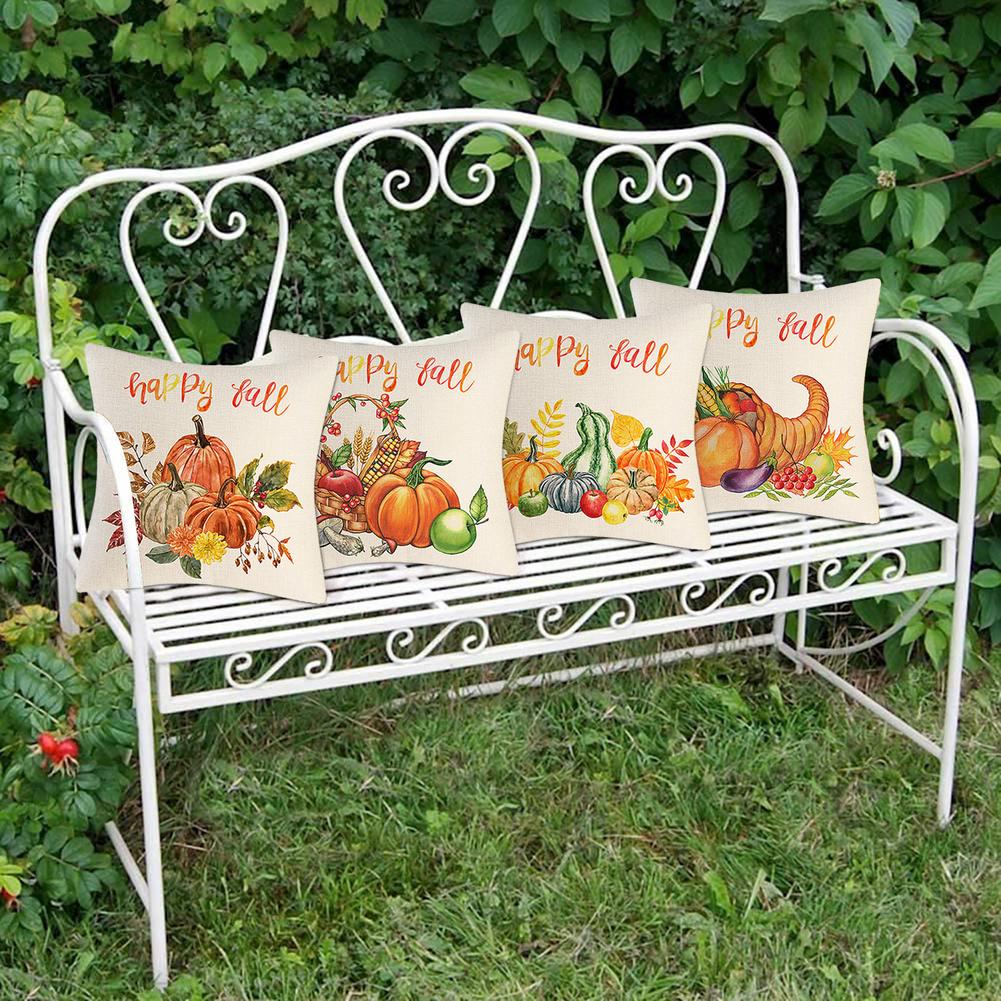 4Pcs 18x18cm Square Pillowcase Linen Decorative Pillow Cover Autumn Fall Golden Pumpkin Pattern Throw Pillow Case