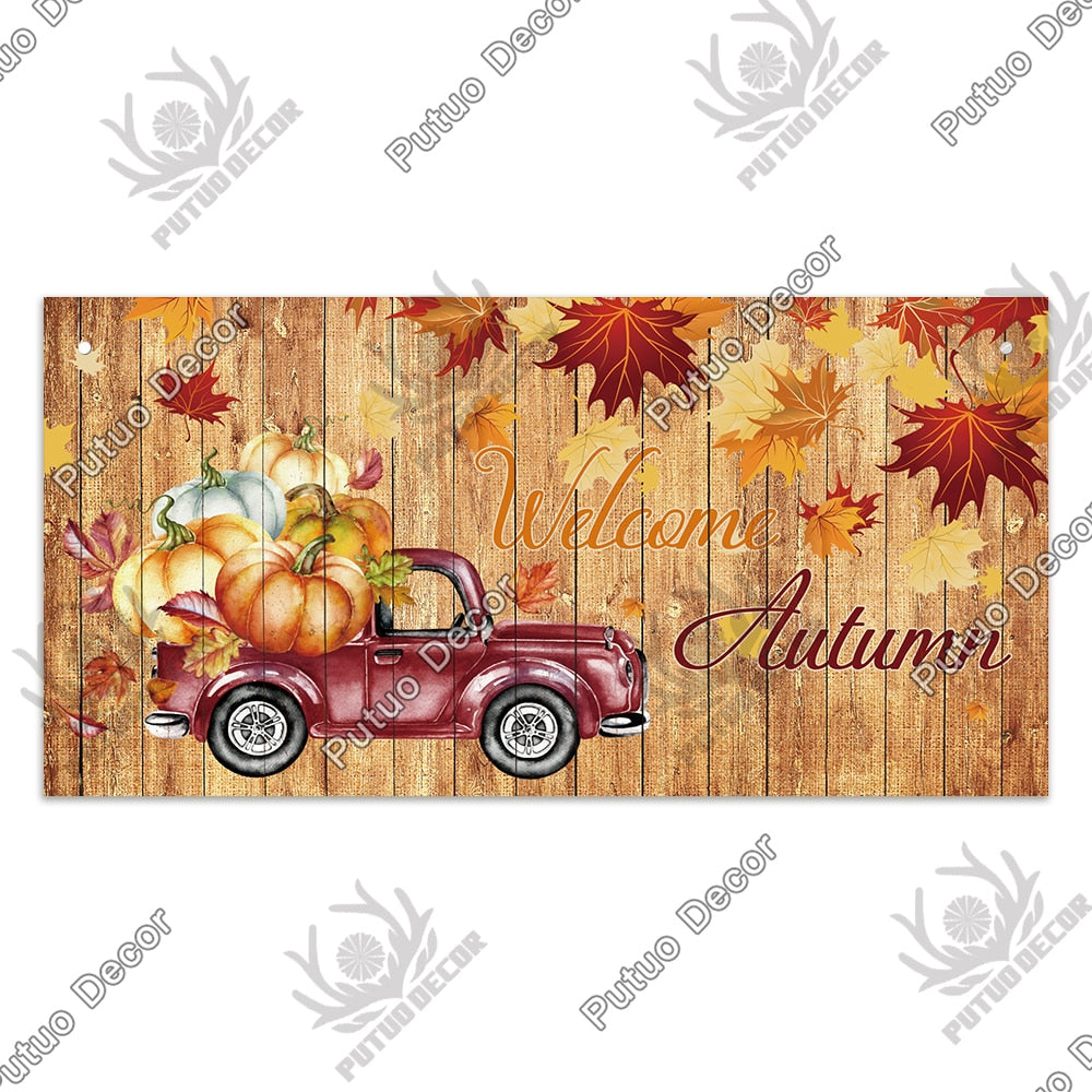 Putuo Decor Welcome Autumn Wood Sign Hello Fall Wooden Plaque Pastoral Garden Wooden Hanging Plate Backyard Wall Home Decoration