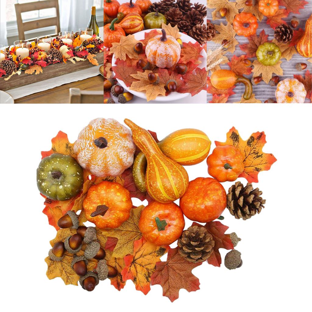 3D 50Pcs Fall Harvest Decor Prop Artificial Pumpkin Gourd Acorn Berries Maple Leaf Artificial Pumpkin Craft Simulation Halloween