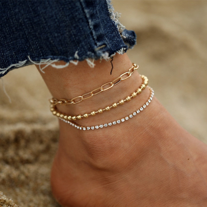 Bohemia Gold Color Chain Ankle Bracelet On Leg Foot Jewelry Boho Beads Key Butterfly Charm Anklet Set For Women Accessories