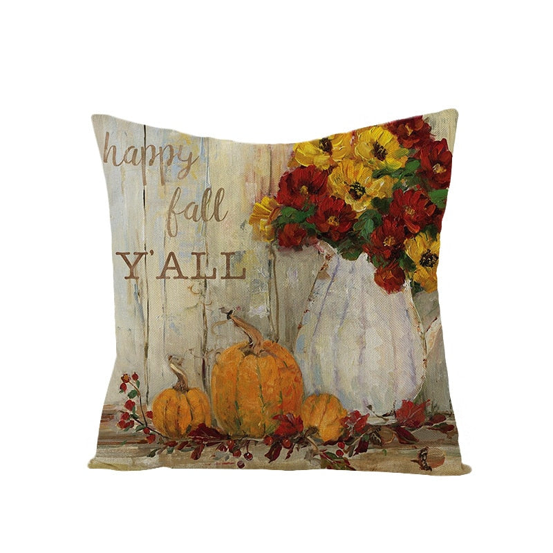 Autumn Throw Pillow Covers Thanksgiving Day Decorative Pumpkin Cushion Cover 18x18 Inches Fall Harvest Printed Linen Pillowcase