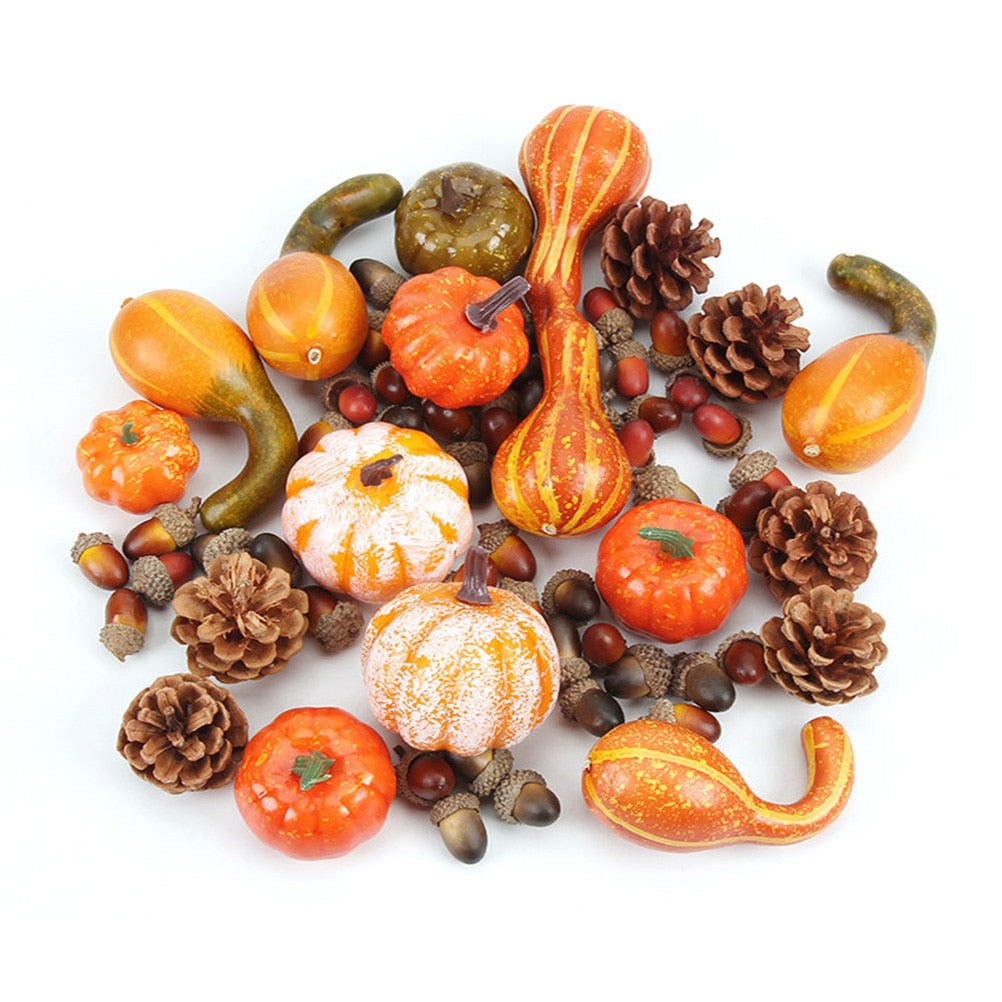 3D 50Pcs Fall Harvest Decor Prop Artificial Pumpkin Gourd Acorn Berries Maple Leaf Artificial Pumpkin Craft Simulation Halloween