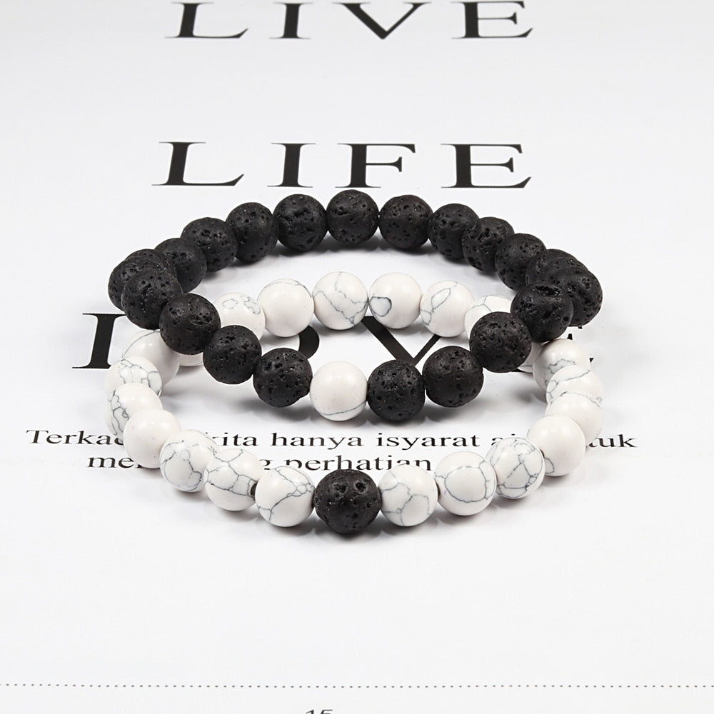 Set Bracelet Couples Distance Black White Natural Lava Stone Tiger Eye Beaded Yoga Bracelets for Men Women Elastic Rope Jewelry