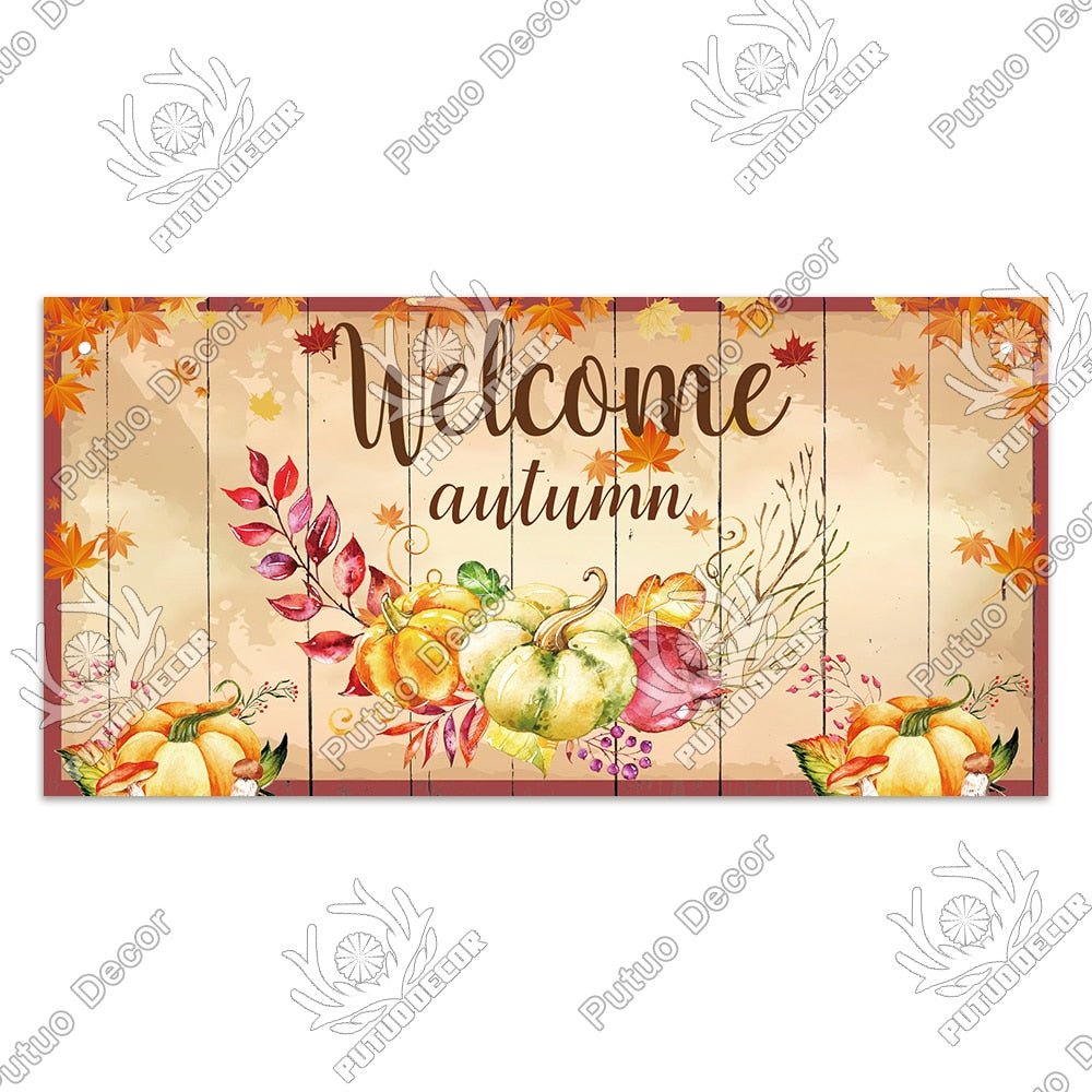 Putuo Decor Welcome Autumn Wood Sign Hello Fall Wooden Plaque Pastoral Garden Wooden Hanging Plate Backyard Wall Home Decoration