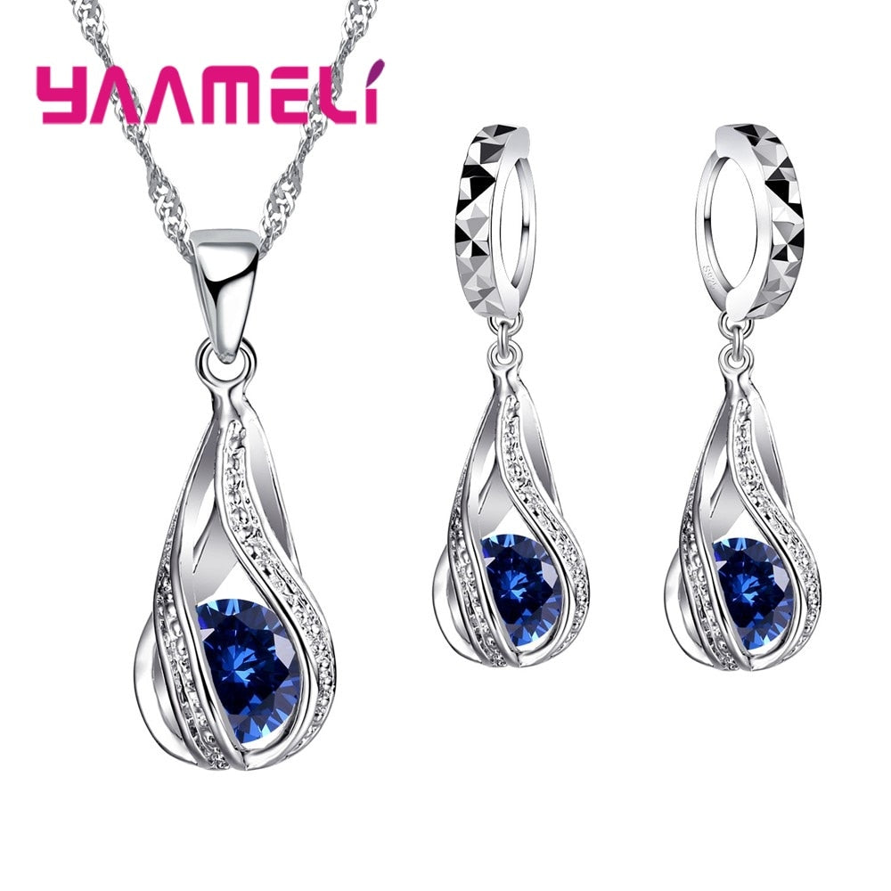 Hot Water Drop CZ YAAMELI Jewelry Set For Women Pendant Necklace Hoop Earrings Wedding Party Ceremoey Anel