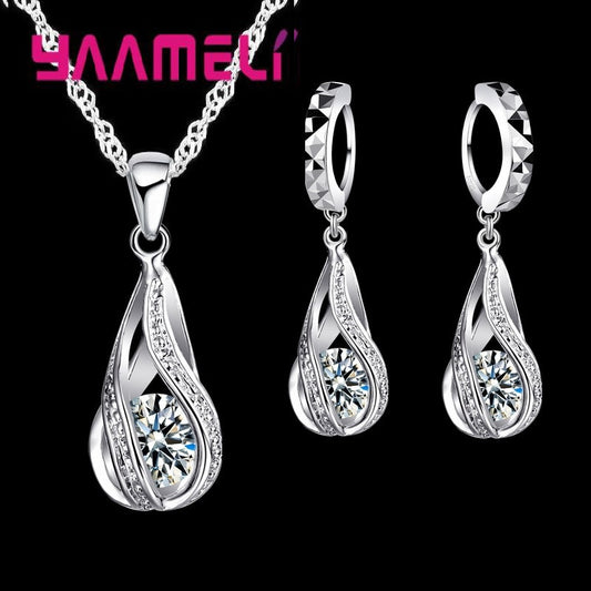 Hot Water Drop CZ YAAMELI Jewelry Set For Women Pendant Necklace Hoop Earrings Wedding Party Ceremoey Anel