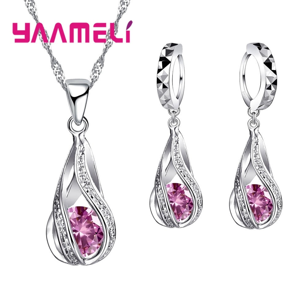 Hot Water Drop CZ YAAMELI Jewelry Set For Women Pendant Necklace Hoop Earrings Wedding Party Ceremoey Anel