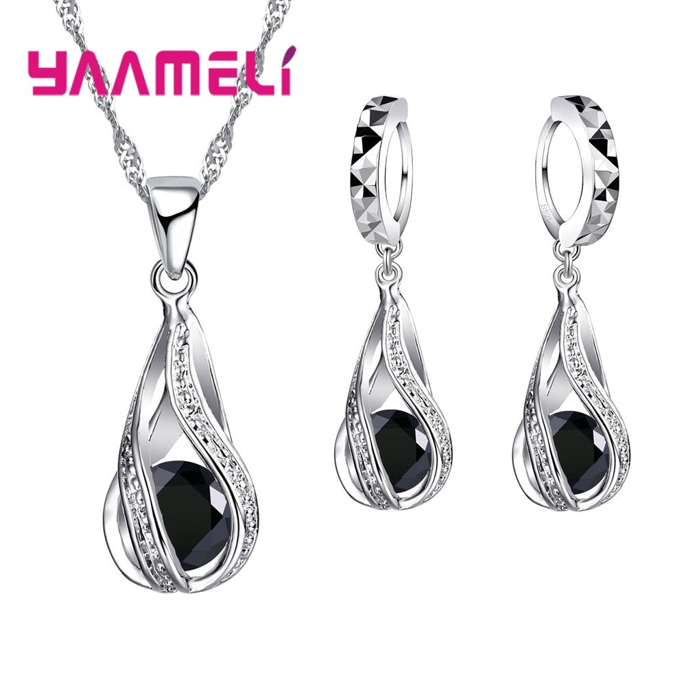 Hot Water Drop CZ YAAMELI Jewelry Set For Women Pendant Necklace Hoop Earrings Wedding Party Ceremoey Anel