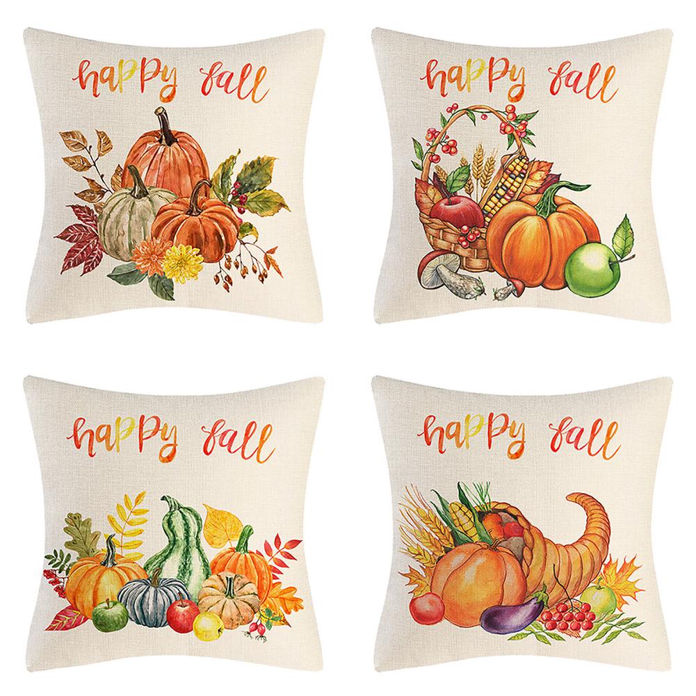 4Pcs 18x18cm Square Pillowcase Linen Decorative Pillow Cover Autumn Fall Golden Pumpkin Pattern Throw Pillow Case