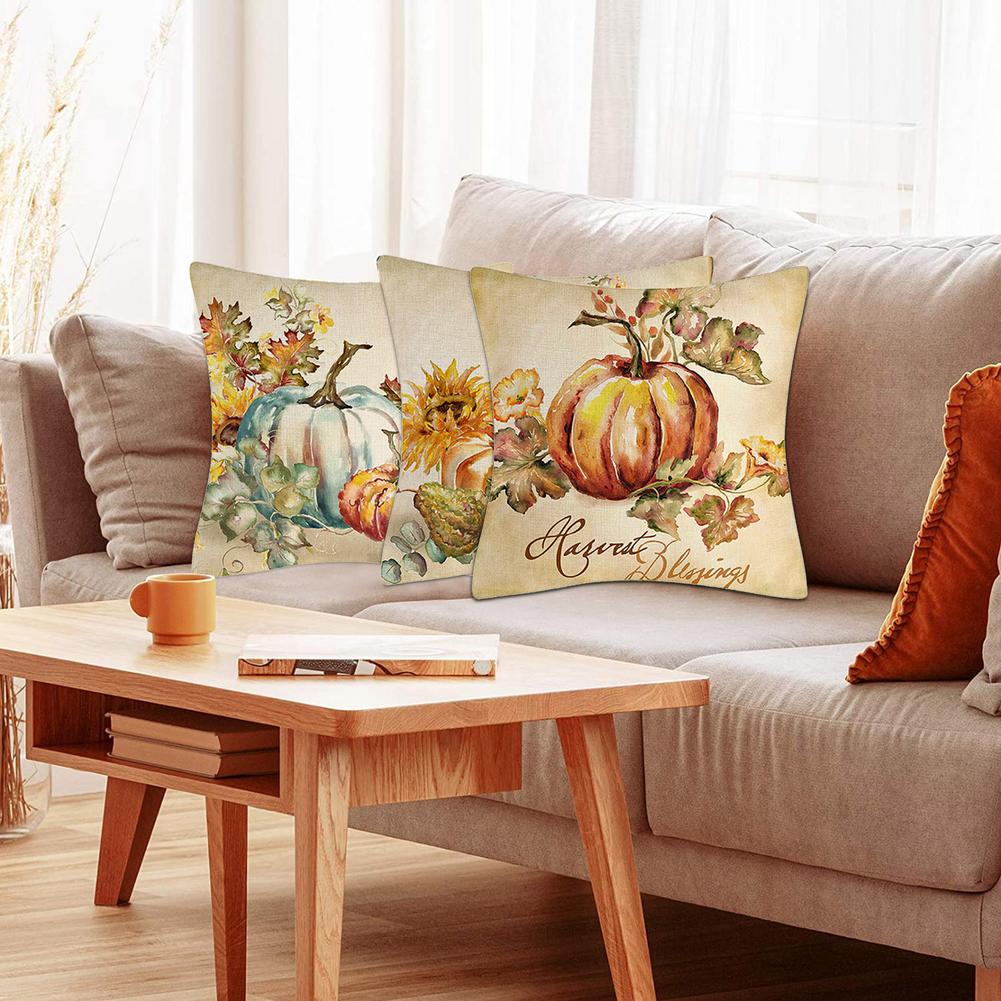 4Pcs 18x18cm Square Pillowcase Linen Decorative Pillow Cover Autumn Fall Golden Pumpkin Pattern Throw Pillow Case