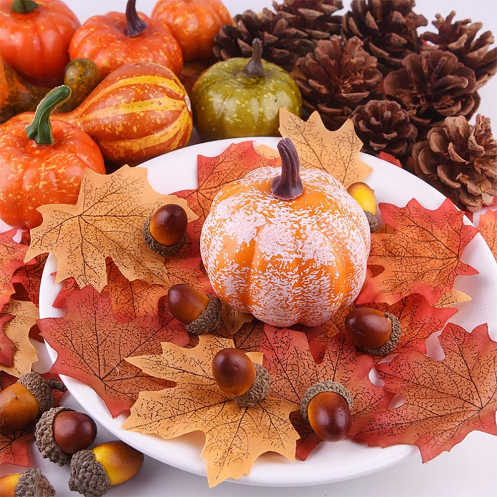 3D 50Pcs Fall Harvest Decor Prop Artificial Pumpkin Gourd Acorn Berries Maple Leaf Artificial Pumpkin Craft Simulation Halloween