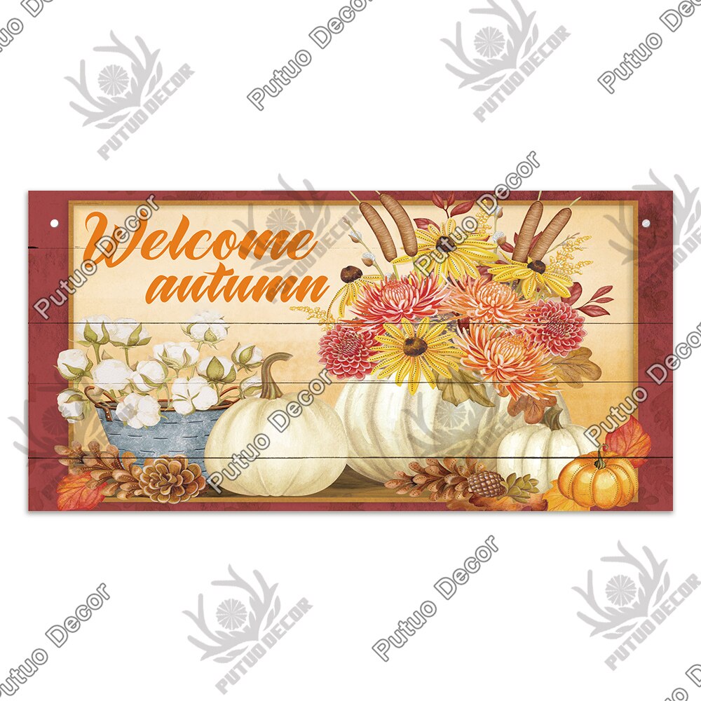 Putuo Decor Welcome Autumn Wood Sign Hello Fall Wooden Plaque Pastoral Garden Wooden Hanging Plate Backyard Wall Home Decoration