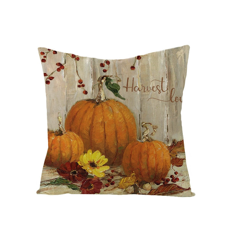 Autumn Throw Pillow Covers Thanksgiving Day Decorative Pumpkin Cushion Cover 18x18 Inches Fall Harvest Printed Linen Pillowcase