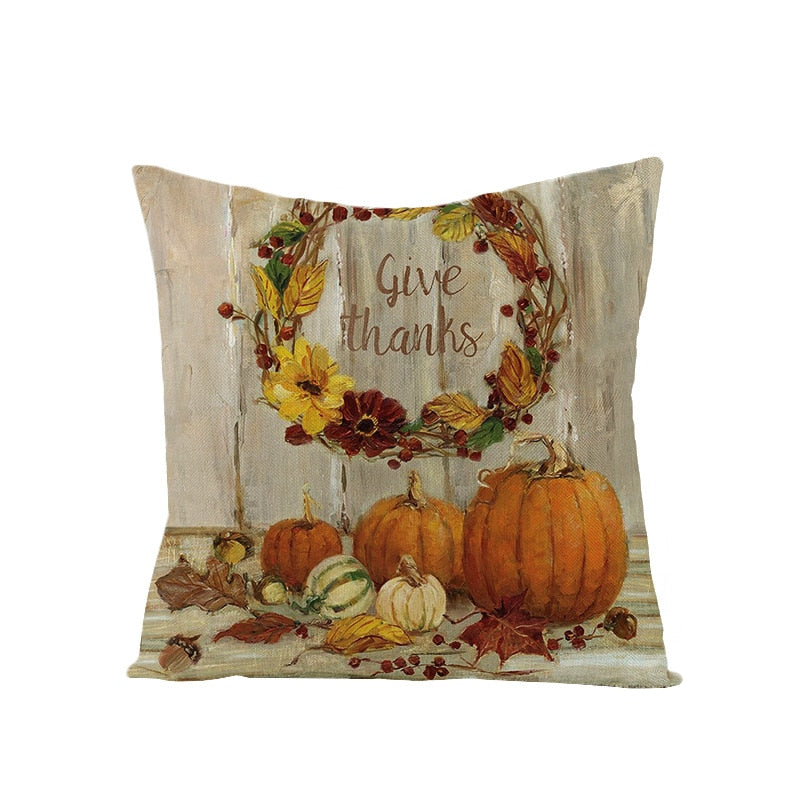 Autumn Throw Pillow Covers Thanksgiving Day Decorative Pumpkin Cushion Cover 18x18 Inches Fall Harvest Printed Linen Pillowcase