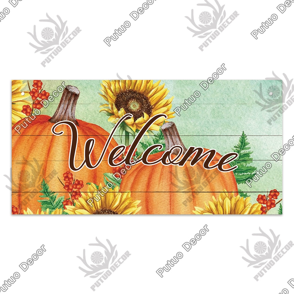 Putuo Decor Welcome Autumn Wood Sign Hello Fall Wooden Plaque Pastoral Garden Wooden Hanging Plate Backyard Wall Home Decoration