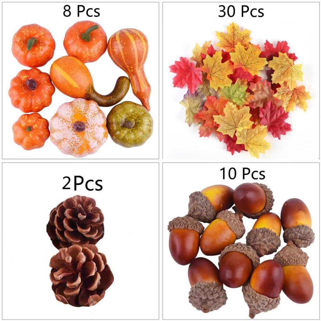 3D 50Pcs Fall Harvest Decor Prop Artificial Pumpkin Gourd Acorn Berries Maple Leaf Artificial Pumpkin Craft Simulation Halloween