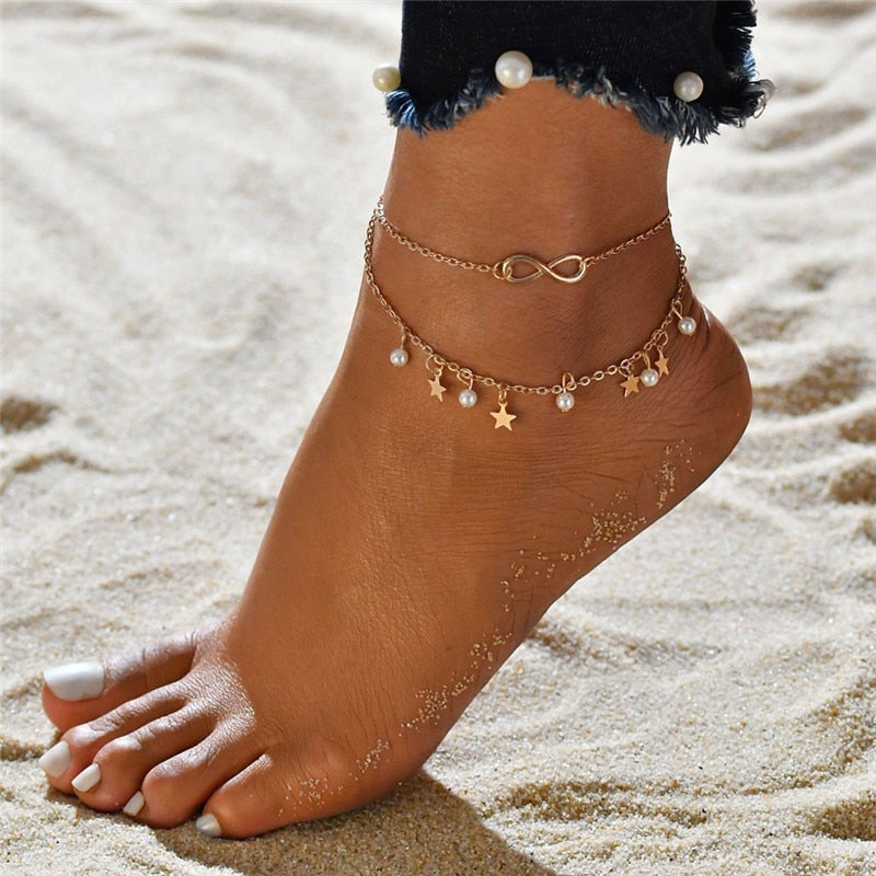 Bohemia Gold Color Chain Ankle Bracelet On Leg Foot Jewelry Boho Beads Key Butterfly Charm Anklet Set For Women Accessories