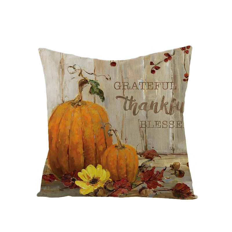 Autumn Throw Pillow Covers Thanksgiving Day Decorative Pumpkin Cushion Cover 18x18 Inches Fall Harvest Printed Linen Pillowcase