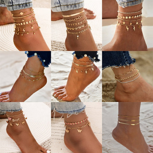 Bohemia Gold Color Chain Ankle Bracelet On Leg Foot Jewelry Boho Beads Key Butterfly Charm Anklet Set For Women Accessories