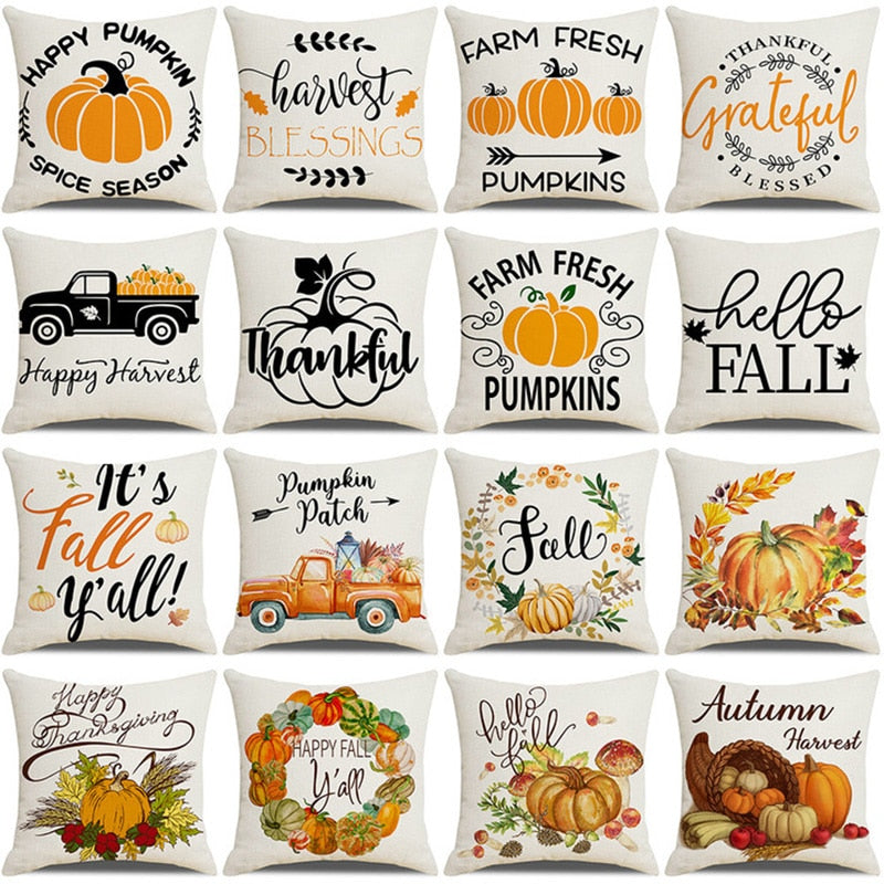 Fall Pumpkin Cushion Covers 18x18 Inch Farmhouse Decor Thanksgiving Buffalo Check Linen Throw Pillow Covers Happy Thanksgiving