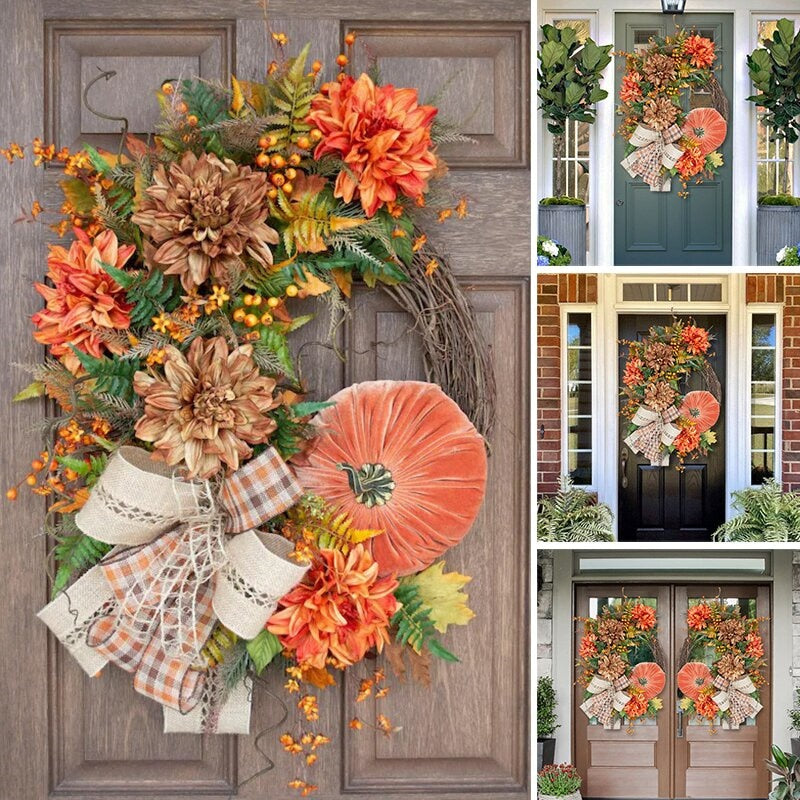 Halloween Decor Door Wreath Autumn Fall Pumpkin Garland Rustic Grapevine Front Door Decoration for Home Garden Farmhouse