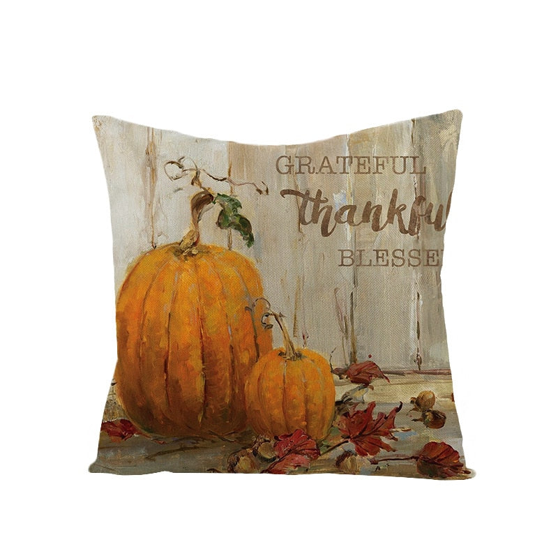 Autumn Throw Pillow Covers Thanksgiving Day Decorative Pumpkin Cushion Cover 18x18 Inches Fall Harvest Printed Linen Pillowcase