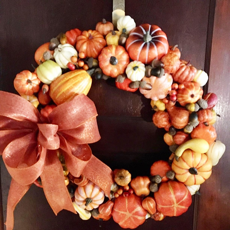 Halloween Artificial Pumpkin Gourds Maple Leaves Pine Cones Autumn Decoration Wreath Fall Harvest Thanksgiving Home Decorations