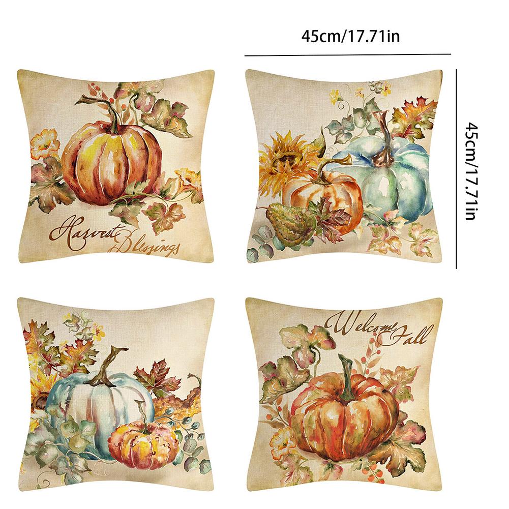 4Pcs 18x18cm Square Pillowcase Linen Decorative Pillow Cover Autumn Fall Golden Pumpkin Pattern Throw Pillow Case