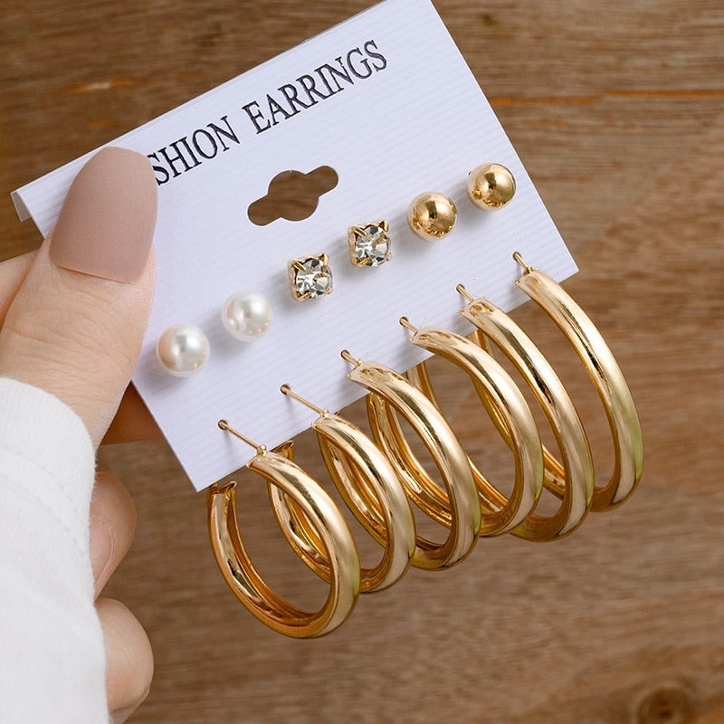 Vintage Gold Geometric Women&#39;s Earrings Set Fashion Pearl Circle Hoop Earrings For Women Brincos 2022 Trend Female Jewelry Gifts