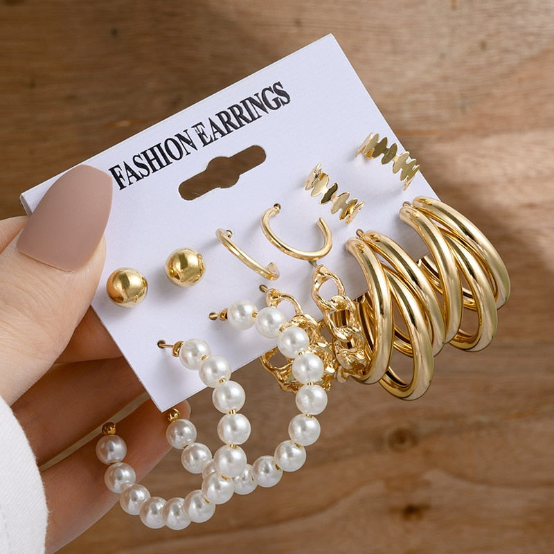 Vintage Gold Geometric Women&#39;s Earrings Set Fashion Pearl Circle Hoop Earrings For Women Brincos 2022 Trend Female Jewelry Gifts