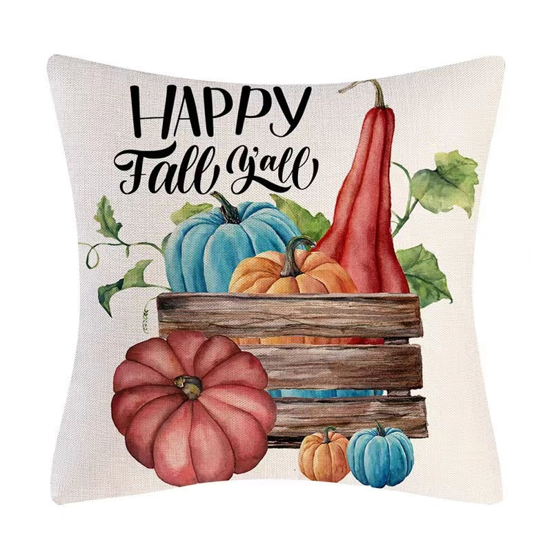 Fall Pumpkin Cushion Covers 18x18 Inch Farmhouse Decor Thanksgiving Teal Linen Throw Pillow Covers Happy Thanksgiving