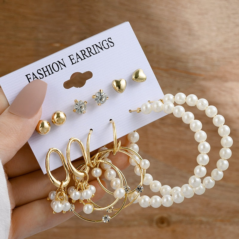 Vintage Gold Geometric Women&#39;s Earrings Set Fashion Pearl Circle Hoop Earrings For Women Brincos 2022 Trend Female Jewelry Gifts