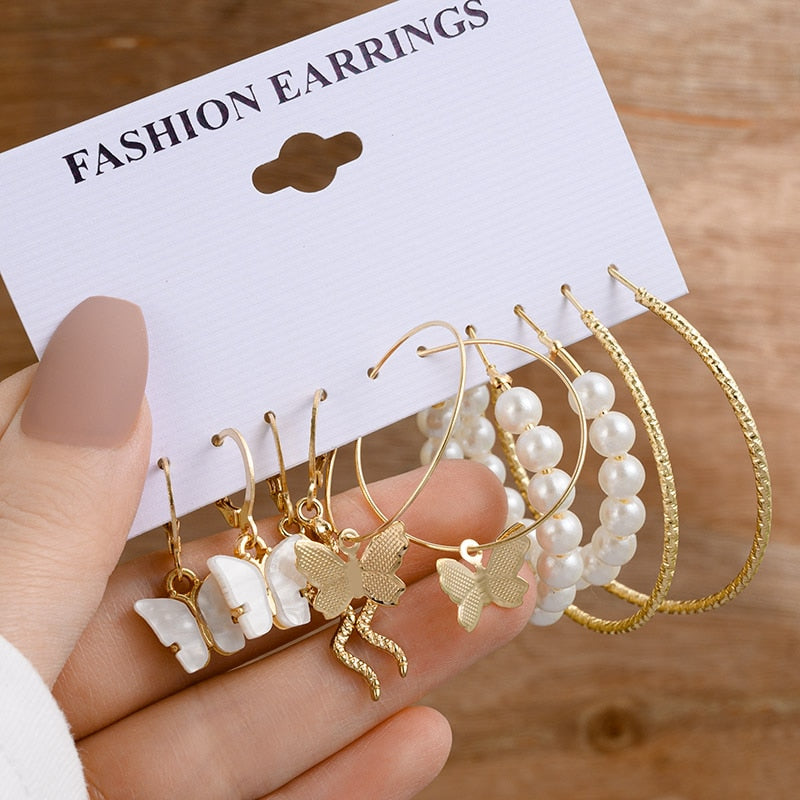 Vintage Gold Geometric Women&#39;s Earrings Set Fashion Pearl Circle Hoop Earrings For Women Brincos 2022 Trend Female Jewelry Gifts