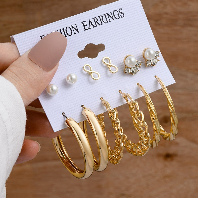 Vintage Gold Geometric Women&#39;s Earrings Set Fashion Pearl Circle Hoop Earrings For Women Brincos 2022 Trend Female Jewelry Gifts