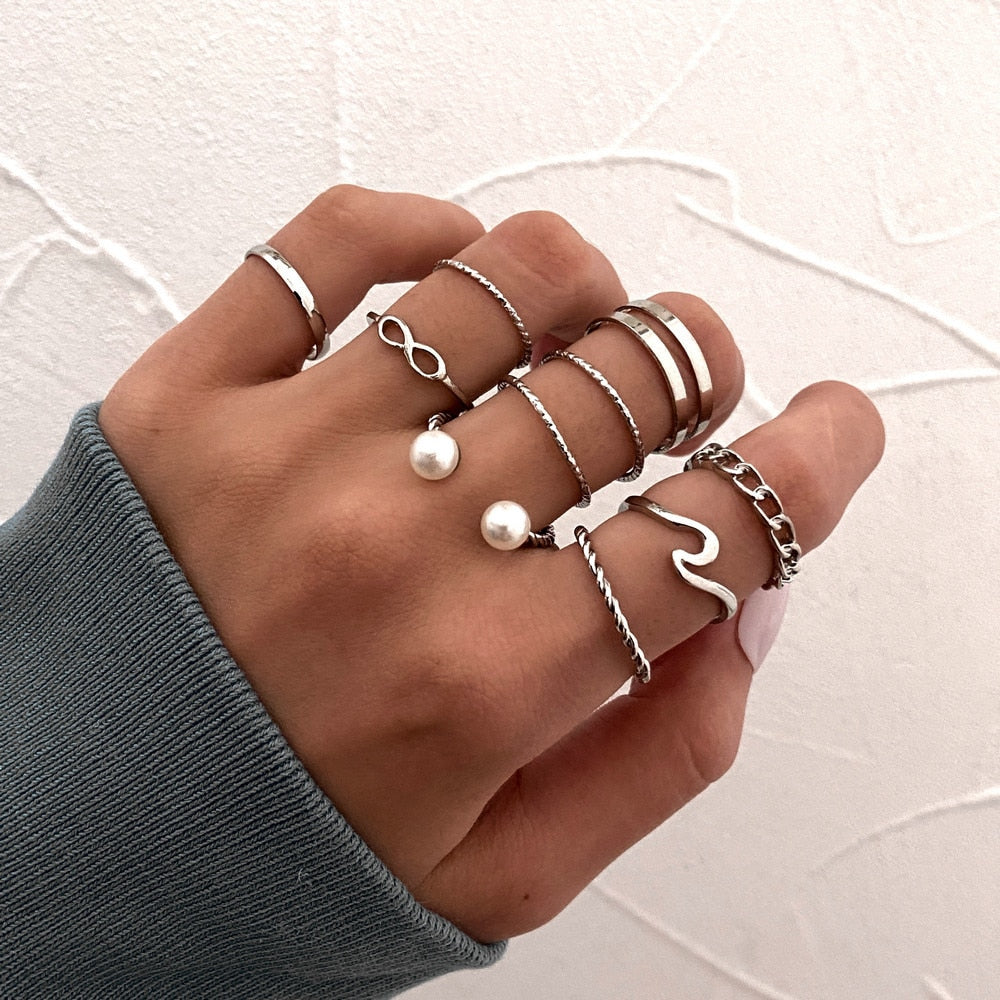 LATS 7pcs Fashion Jewelry Rings Set Hot Selling Metal Hollow Round Opening Women Finger Ring for Girl Lady Party Wedding Gifts